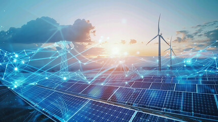 Solar Panels with Wind Turbines at Sunset