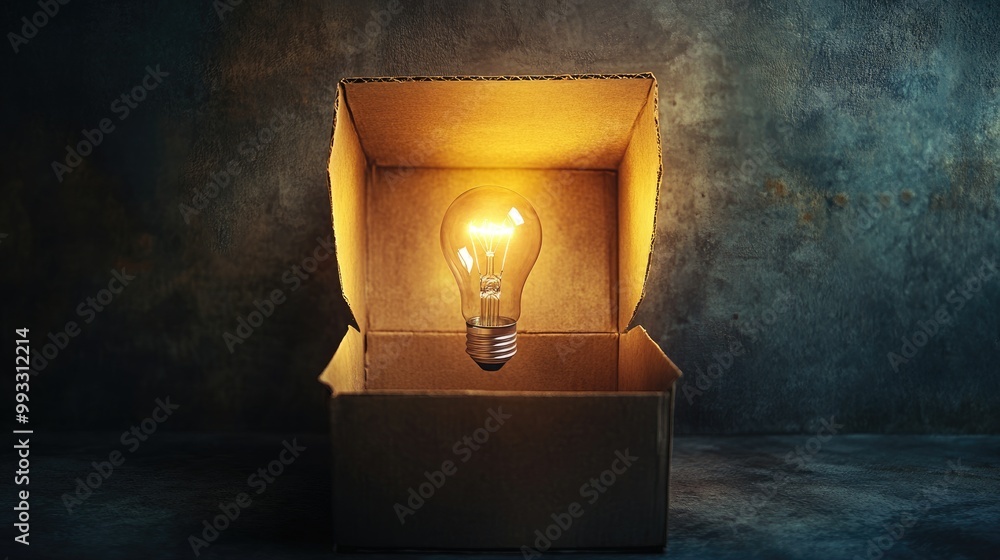 Aufkleber illuminated light bulb placed inside an open cardboard box on a textured background showcasing a cre