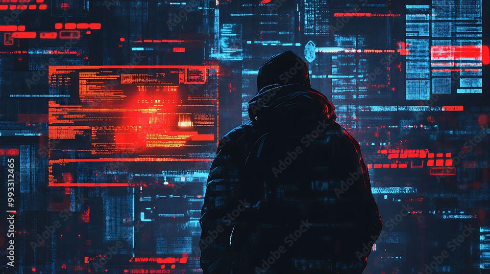 Aufkleber a hooded figure stands in front of a wall of glowing digital code, representing the dangers of cyber