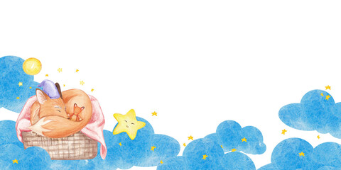 Watercolor border of a sleeping fox in a cozy basket surrounded by blue clouds, yellow stars and a glowing moon. Illustration dreamy animal for kids. Ideal for children's decor, nursery designs.