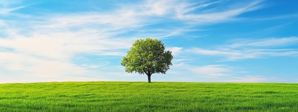Lone Tree Standing in Lush Green Meadow Under Fluffy Cumulus Cloud-Filled Blue Sky - Powered by Adobe