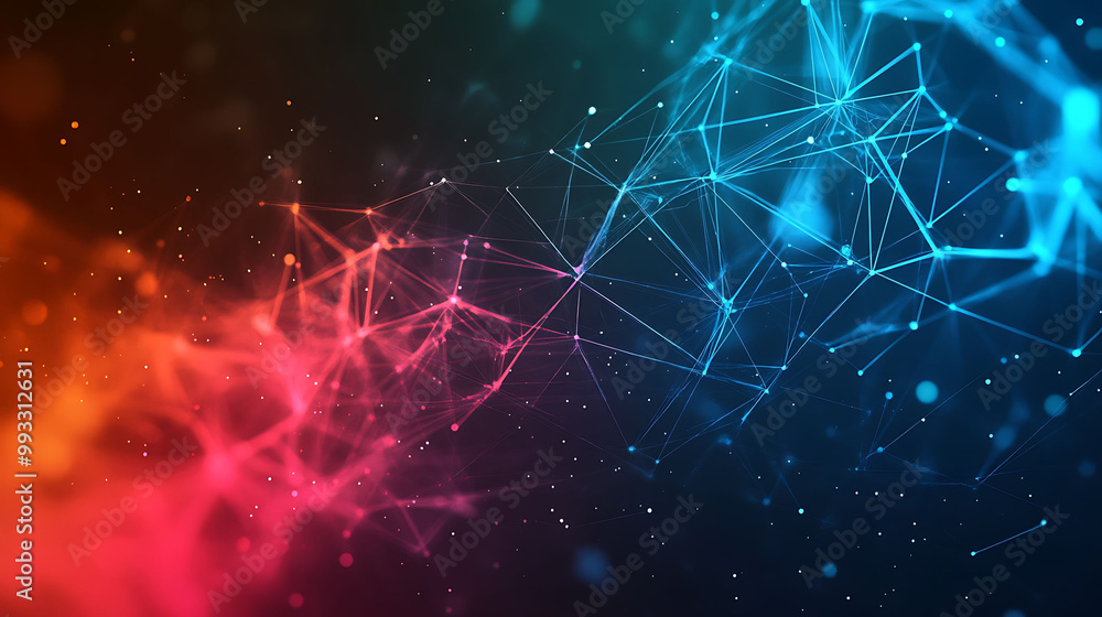 Poster abstract background with glowing blue and red lines and dots.