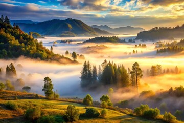 Fototapeta premium Morning mist rises from the valley floor, veiling the scene in mystery.