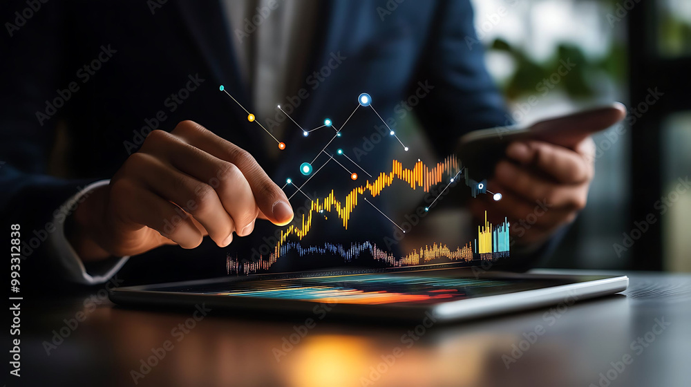 Poster a businessman uses a tablet and smartphone to analyze financial data and graphs.