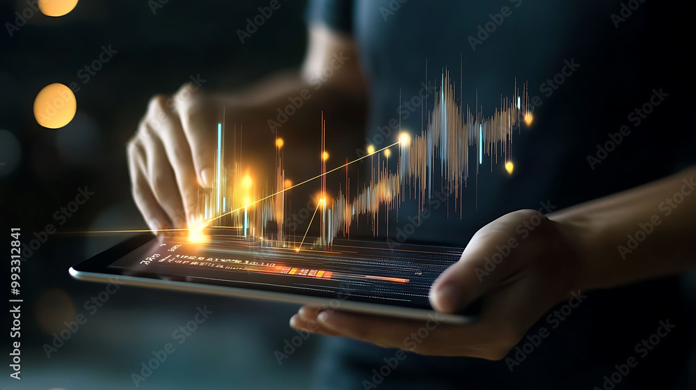 Poster a person using a tablet to analyze financial data. the data is displayed as a graph with a line goin