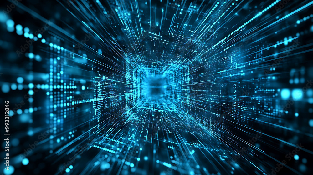 Poster abstract digital tunnel with glowing blue lines and dots, creating a futuristic and technological ba