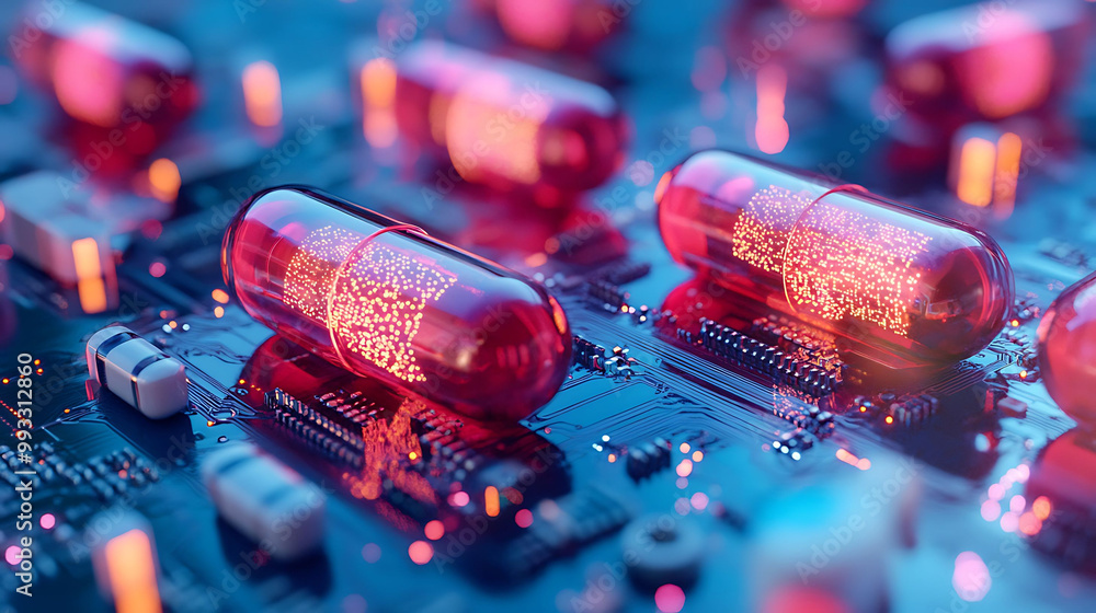 Poster close-up of red capsules with glowing brain-shaped patterns, on a circuit board, representing the co