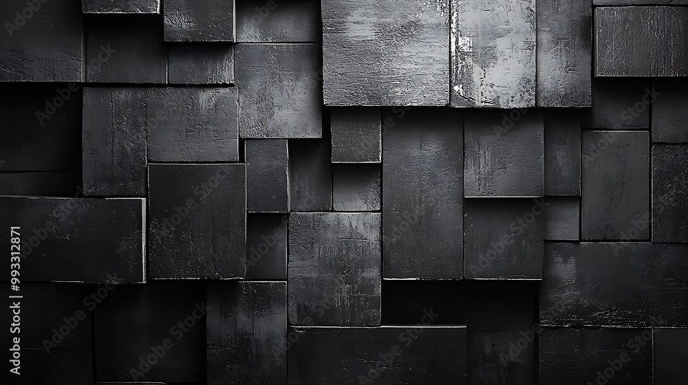 Aufkleber abstract dark background with a wall of rectangular 3d blocks in a pattern with some projecting out 