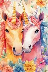 Two Unicorns in a Garden of Flowers.