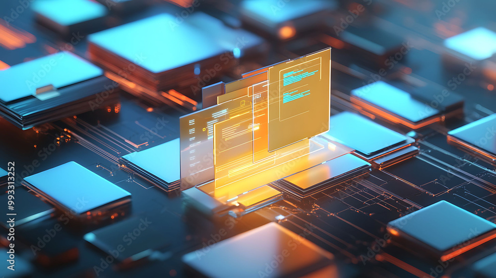 Poster abstract 3d rendering of glowing orange digital interfaces on a futuristic circuit board.