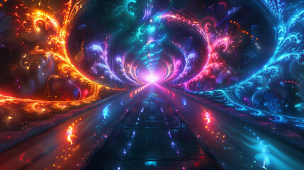 Obraz premium Vibrant fractal energy tunnel in glowing neon hues