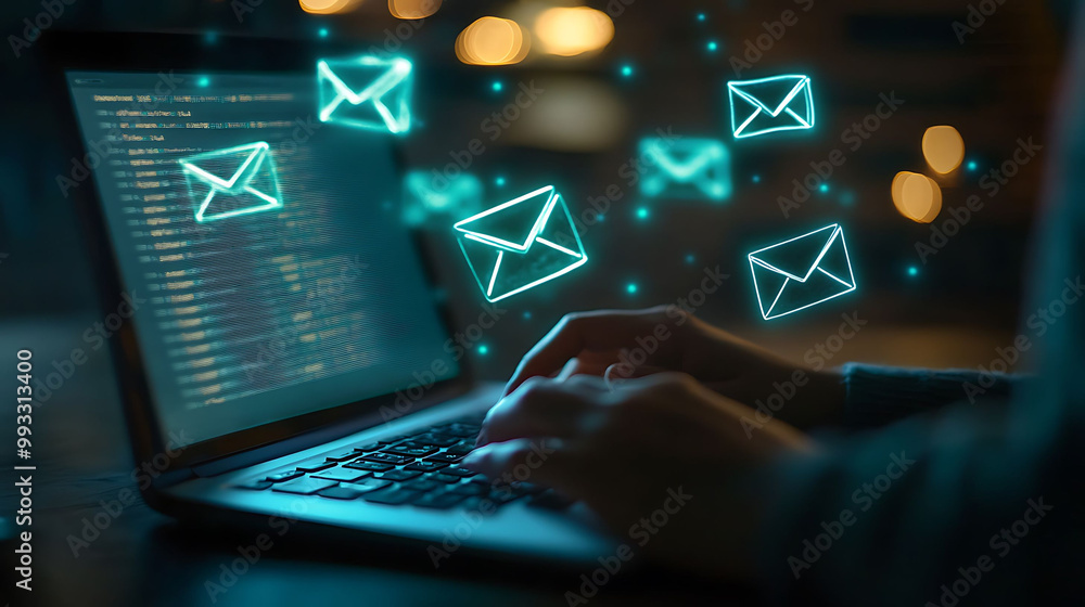 Aufkleber person using a laptop with glowing email icons hovering above the screen in a dark setting.