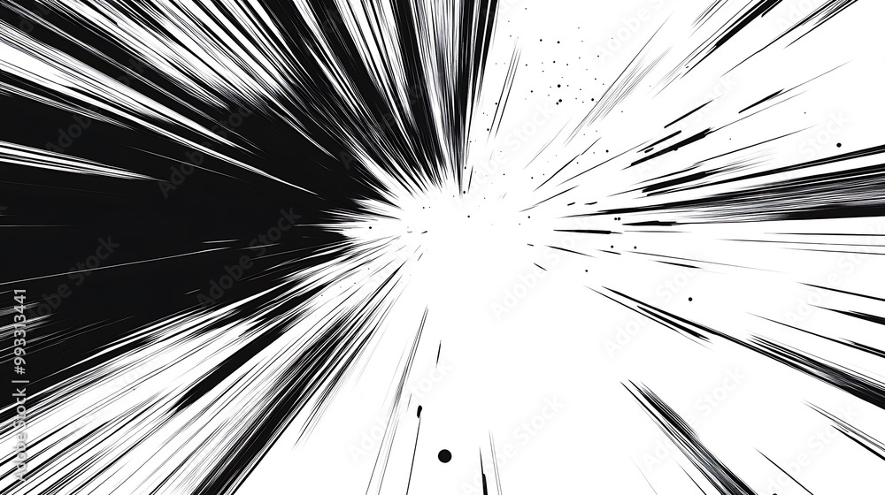 Poster abstract black and white radial lines design, exploding outward from a central point, with subtle sp