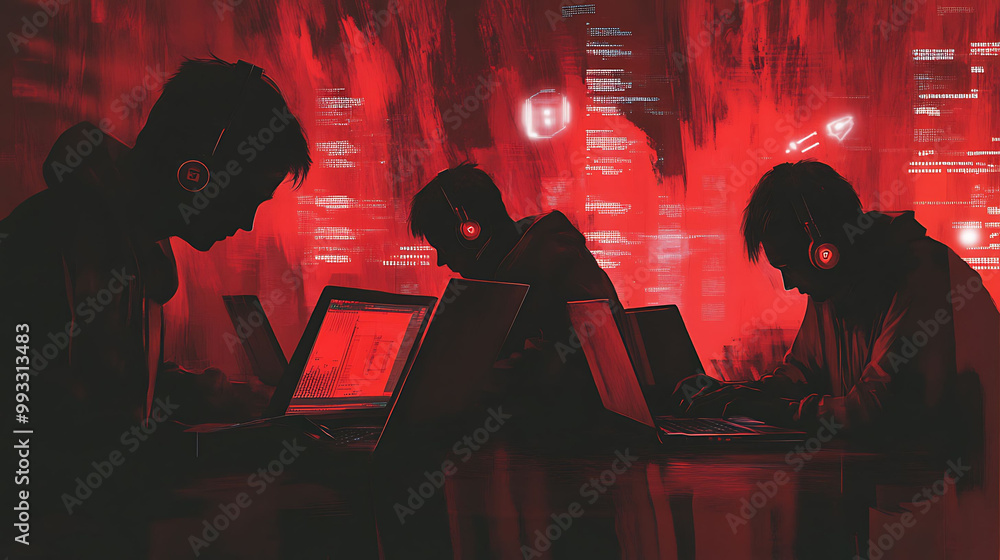 Poster three silhouetted figures sit at a table in front of laptops in a dimly lit room. a red glow and cod