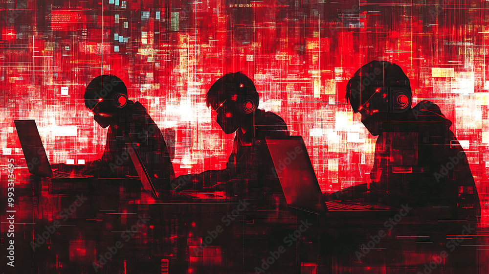 Poster three hackers in black hoodies sit at their laptops, facing forward and working. their faces are obs
