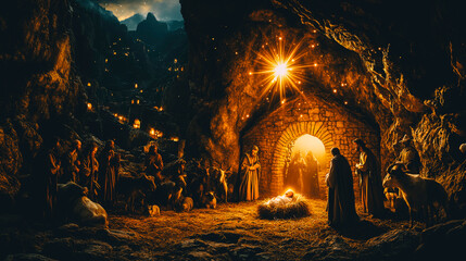 Nativity Scene with Holy Family and Shepherds in Bethlehem Cave