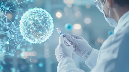 Dynamic composition showcasing a researcher in a white lab coat using a syringe to inject genetic material into a stylized cell model, highlighting breakthroughs in gene therapy an