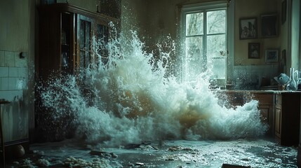 highpressure water burst scenario showcasing emergency repair work chaotic splashes and gushing water highlighting the urgency of the situation amidst a damaged interior