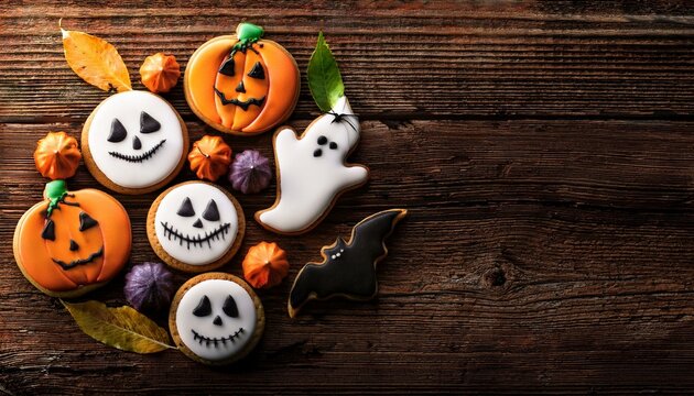 Fall, Halloween inspired cookies on wooden background