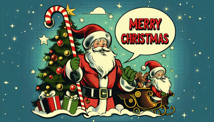 Obraz premium Retro Christmas greeting card featuring Santa Claus, Christmas tree, and presents