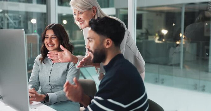 Computer, excited and business people in office with celebration, solution and high five for problem solving. Team, ceo and software developers for bug fixing, system update and applause for success
