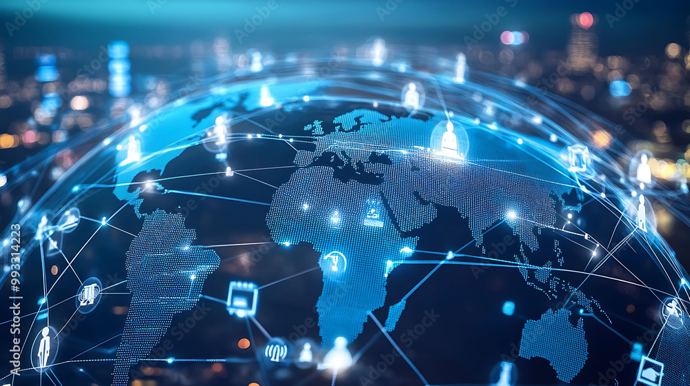 Poster a glowing blue globe with a network of connections representing global communication and technology.