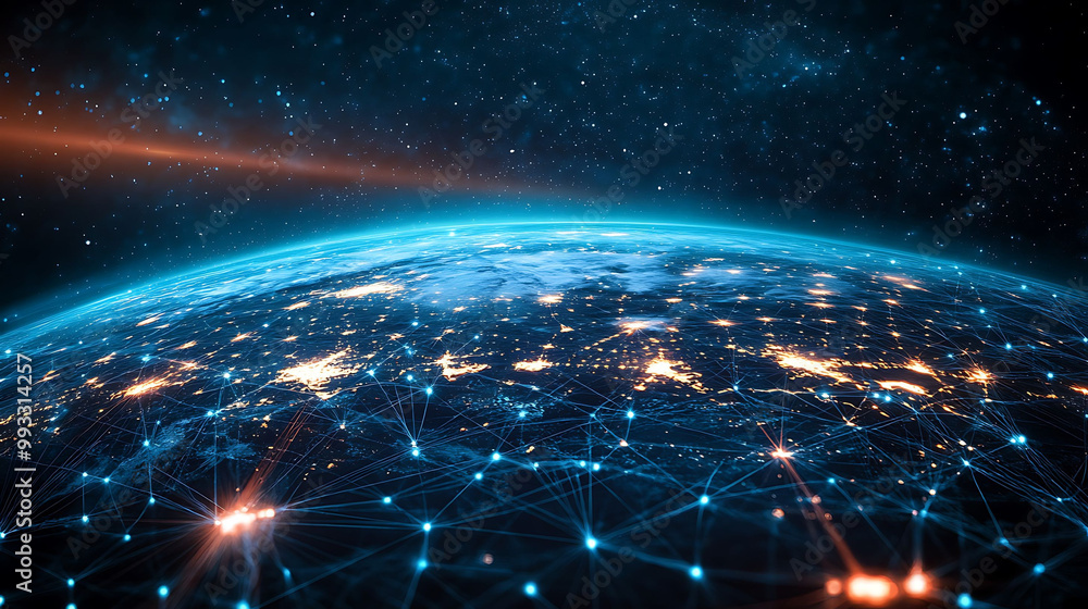 Poster a stylized image of earth with a network of lines connecting cities, representing global connectivit