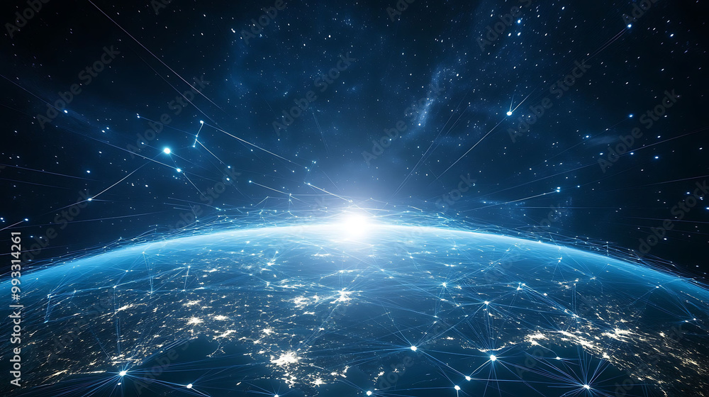 Poster a glowing earth with connecting lines representing data flow in the vastness of space.