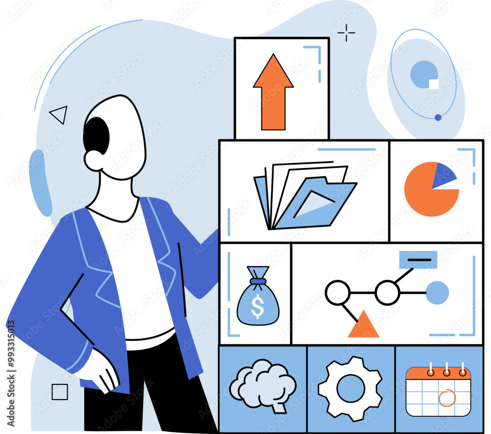 Fototapete person work with abstract business system, organizing data, analyzing statistics. business developme