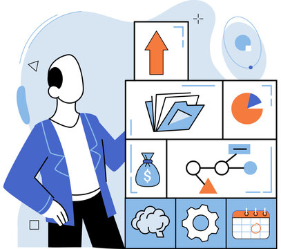 Person work with abstract business system, organizing data, analyzing statistics. Business development structure. Analytics and organization concept. Information processing and data presentation