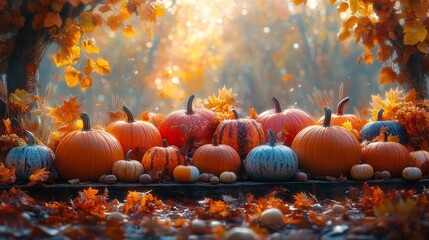 Autumn Pumpkins in Golden Light Generative AI