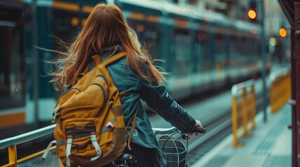 Woman with Backpack Biking Near Train Station in Urban Setting