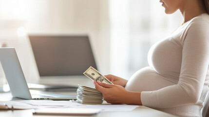 Naklejka premium A warm, inviting scene of a pregnant woman sitting at a modern office desk, focused on counting a stack of cash, with financial documents and a laptop in the background, highlighti