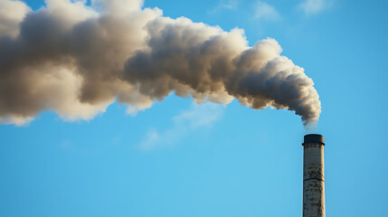 A plume of black smoke billows from an industrial chimney against a bright blue sky.