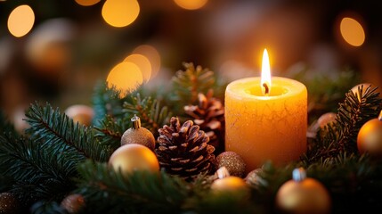 Advent wreath with one lit candle surrounded by Christmas decor and evergreen branches