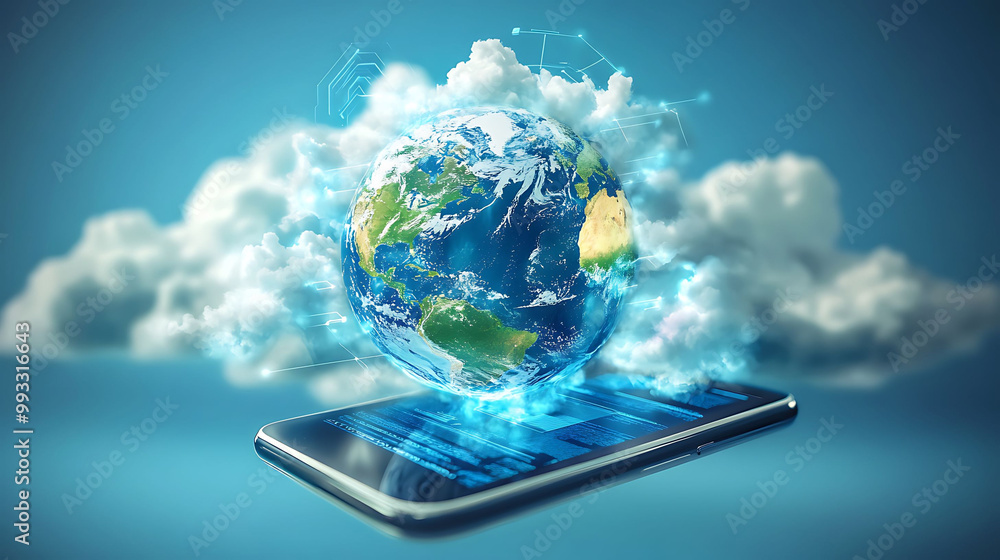 Poster a 3d rendering of the earth floating above a smartphone, with clouds surrounding it and digital netw