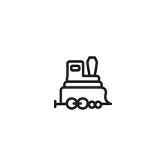 A whimsical line drawing of a toy train with a chimney and rounded wheels. A minimalist illustration of a toy train with a chimney, three wheels, and a rounded front. Editable icon.
