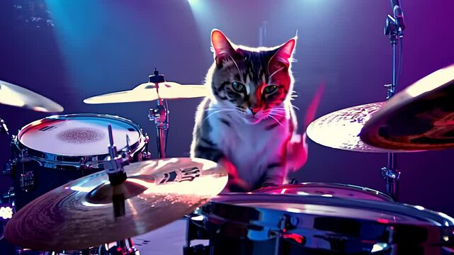 playful cat drumming on a set of drums with vibrant stage lights. This fun and energetic scene shows a talented feline musician in action
