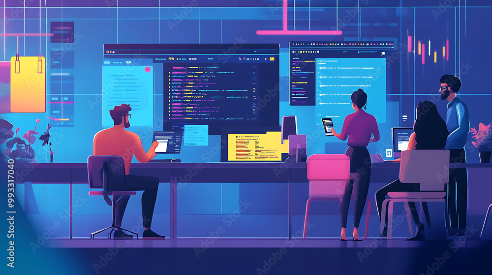 Aufkleber a team of four developers working on a project in a modern office. they are surrounded by large moni