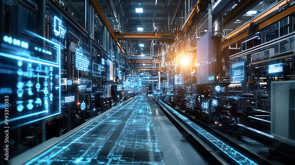 Poster a futuristic factory with automated machinery and digital displays.