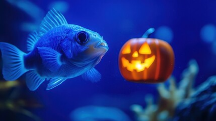 Glowing Pumpkin and Fish in Underwater Scene