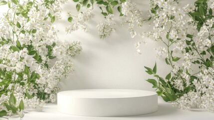 3D floral podium display featuring white flowers showcasing spring beauty in a garden inspired setting ideal for cosmetic and gift presentations