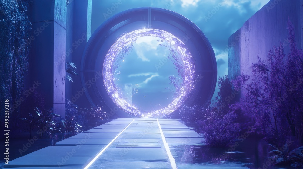 Poster futuristic scene showcasing the emergence of a time travel portal featuring dynamic lighting and a h
