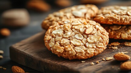 Close up of a stack of oatmeal cookies with almonds.