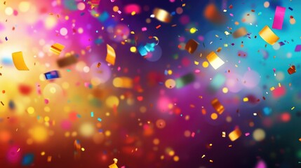 Vibrant celebration with colorful confetti and an abstract blurred background