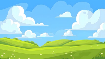 Obraz premium Cheerful Cartoon Landscape Featuring Bright Blue Sky, Fluffy White Clouds, and Soft Rolling Hills of Green Grass