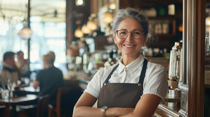 A happy mature waitress leaning against the doorway of her bustling cafe, dressed in a stylish uniform, with patrons visible in the background, showcasing a lively and inviting atm