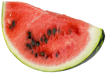 Slice of juicy watermelon isolated on a transparent background. Completely in focus.