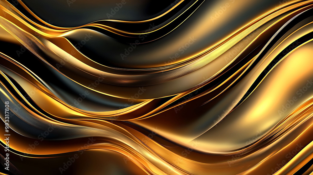 Poster abstract background of flowing golden and black waves, creating a luxurious and elegant design.