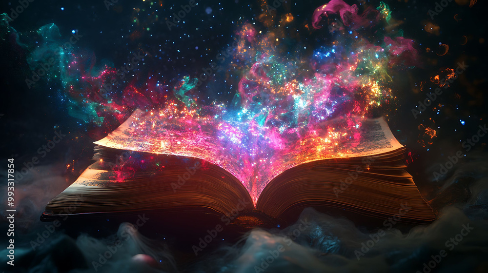 Poster an open book with glowing light and smoke erupting from its pages, symbolizing knowledge and magic.